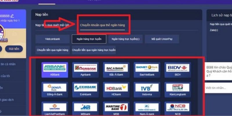 Nạp tiền cá cược thông qua tài khoản ngân hàng